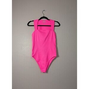 New OQQ Compression Bodysuit Womens XL Ribbed Neon Pink Square Neck Trendy